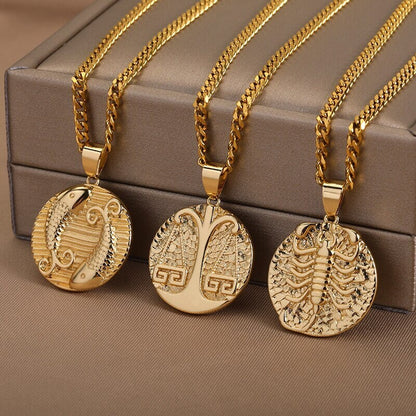 Punk Organic Coin Horoscope Pendant, 18K Gold Layered Necklace, Gothic Dainty Minimalist Jewelry, Delicate Handmade for Women, Gift for Her