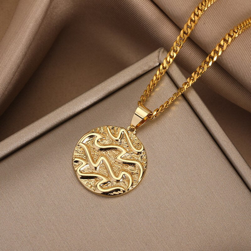 Punk Organic Coin Horoscope Pendant, 18K Gold Layered Necklace, Gothic Dainty Minimalist Jewelry, Delicate Handmade for Women, Gift for Her