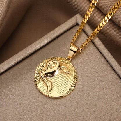 Punk Organic Coin Horoscope Pendant, 18K Gold Layered Necklace, Gothic Dainty Minimalist Jewelry, Delicate Handmade for Women, Gift for Her