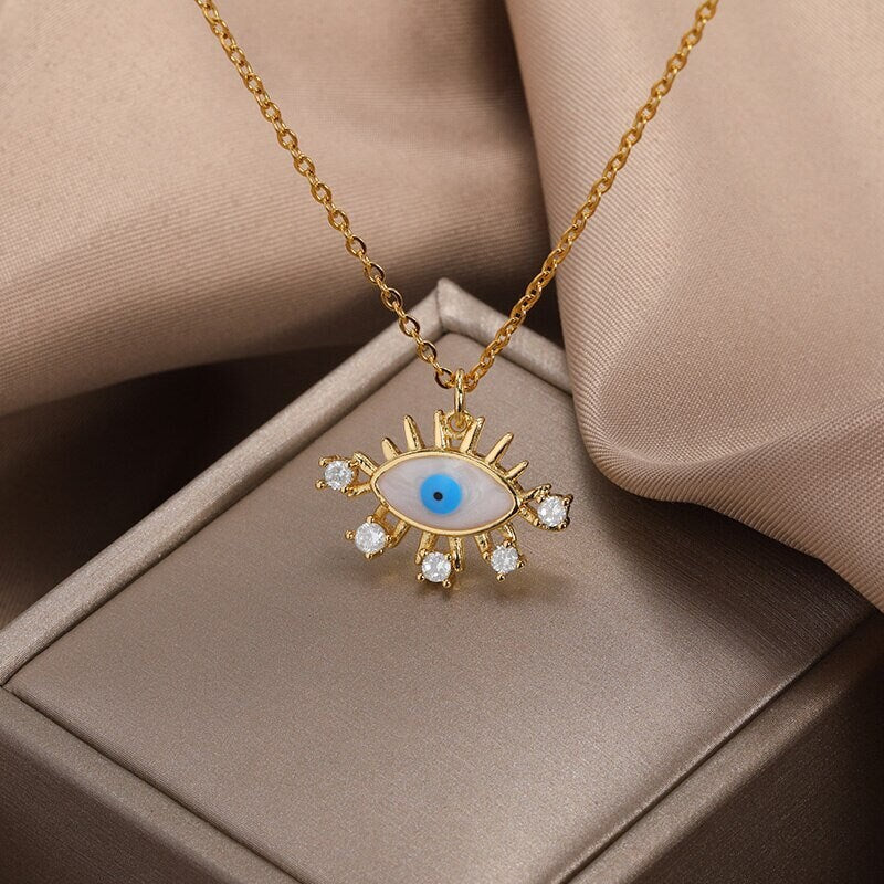 Punk Evil Eye Amulet Pendant, 18K Gold Layered Necklace, Gothic Dainty Minimalist Jewelry, Delicate Handmade for Women, Gift for Her