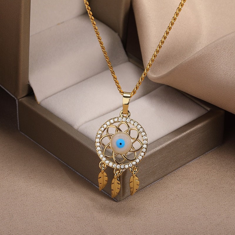 Punk Evil Eye Amulet Pendant, 18K Gold Layered Necklace, Gothic Dainty Minimalist Jewelry, Delicate Handmade for Women, Gift for Her