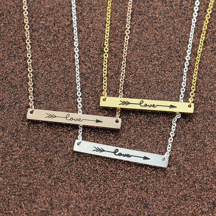 Boho Cute Arrow Love Bar Pendant, 18K Gold Layered Yogi Necklace, Dainty Minimalist Jewelry, Delicate Handmade for Women, Gift for Her