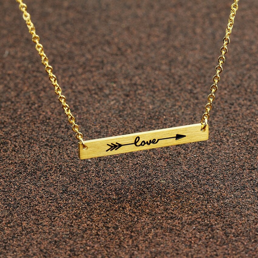 Boho Cute Arrow Love Bar Pendant, 18K Gold Layered Yogi Necklace, Dainty Minimalist Jewelry, Delicate Handmade for Women, Gift for Her