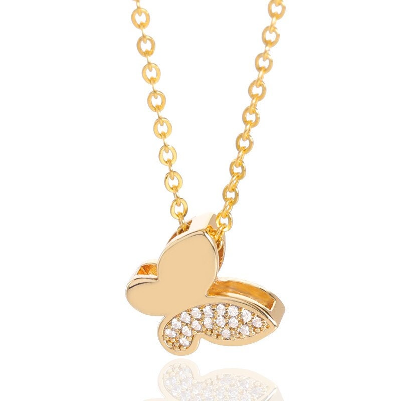 Boho Crystal Butterfly Cute Pendant, 18K Gold Layered Yogi Necklace, Dainty Minimalist Jewelry, Delicate Handmade for Women, Gift for Her