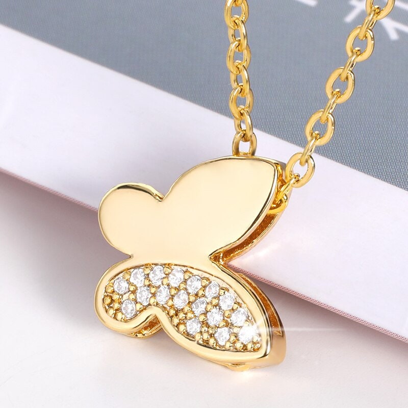 Boho Crystal Butterfly Cute Pendant, 18K Gold Layered Yogi Necklace, Dainty Minimalist Jewelry, Delicate Handmade for Women, Gift for Her