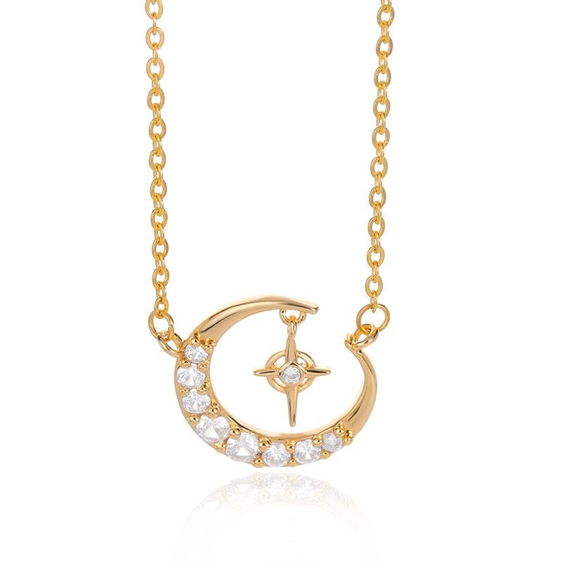Punk Crystal Moon Stars Pendant, 18K Gold Layered Necklace, Gothic Dainty Minimalist Jewelry, Delicate Handmade for Women, Gift for Her