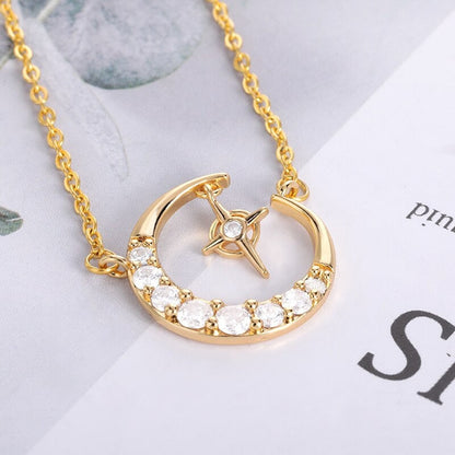 Punk Crystal Moon Stars Pendant, 18K Gold Layered Necklace, Gothic Dainty Minimalist Jewelry, Delicate Handmade for Women, Gift for Her