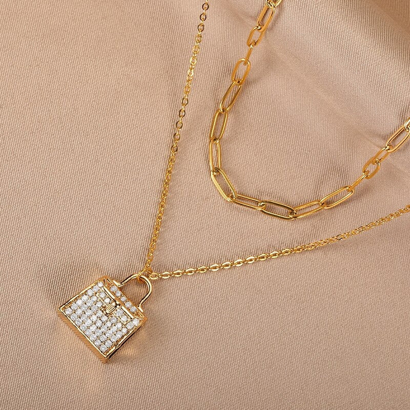 Punk Purse Handbag Pendant, 18K Gold Layered Necklace, Gothic Dainty Minimalist Jewelry, Delicate Handmade for Women, Gift for Her