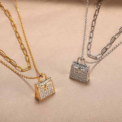 Punk Purse Handbag Pendant, 18K Gold Layered Necklace, Gothic Dainty Minimalist Jewelry, Delicate Handmade for Women, Gift for Her