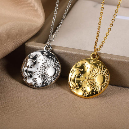 Punk Organic Celestial Coin Pendant, 18K Gold Layered Necklace, Gothic Dainty Minimalist Jewelry, Delicate Handmade for Women, Gift for Her