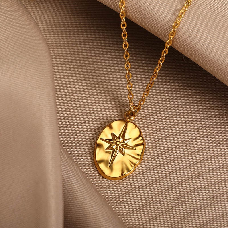 Punk Compass Star Coin Pendant, 18K Gold Layered Necklace, Gothic Dainty Minimalist Jewelry, Delicate Handmade for Women, Gift for Her