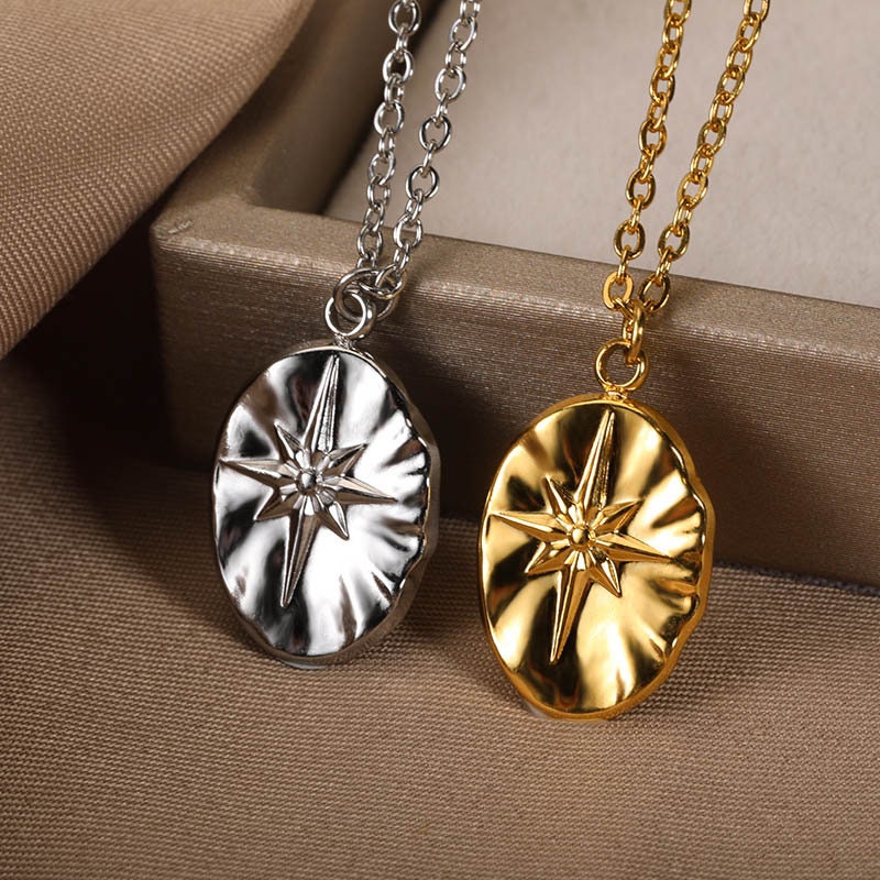 Punk Compass Star Coin Pendant, 18K Gold Layered Necklace, Gothic Dainty Minimalist Jewelry, Delicate Handmade for Women, Gift for Her