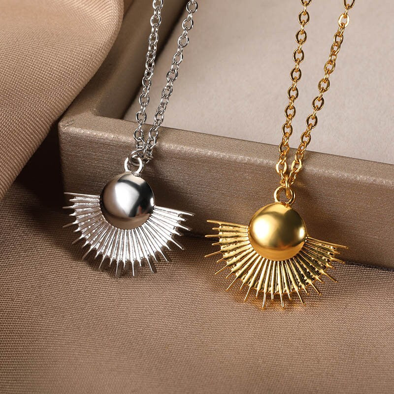 Punk Rising Sun Pendant, 18K Gold Layered Necklace, Gothic Dainty Minimalist Jewelry, Delicate Handmade for Women, Gift for Her