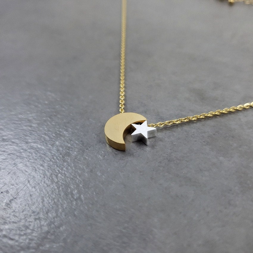 Boho Cute Moon Stars Pendant, 18K Gold Layered Yogi Necklace, Dainty Minimalist Jewelry, Delicate Handmade for Women, Gift for Her
