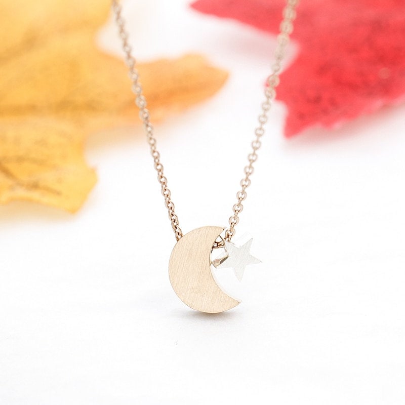 Boho Cute Moon Stars Pendant, 18K Gold Layered Yogi Necklace, Dainty Minimalist Jewelry, Delicate Handmade for Women, Gift for Her