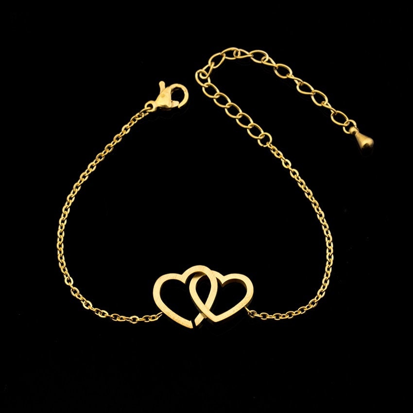 Boho Cute Double Cross Hearts, 18K Gold Layered Yogi Bracelet, Dainty Minimalist Jewelry, Delicate Handmade for Women, Gift for Her
