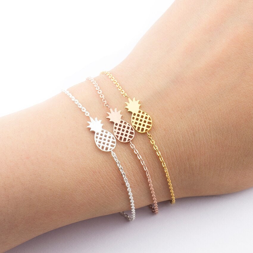 Boho Cute Pineapple Charm, 18K Gold Layered Yogi Bracelet, Dainty Minimalist Jewelry, Delicate Handmade for Women, Gift for Her