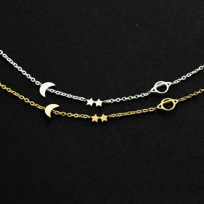 Punk Moon and Stars, 18K Gold Layered Gothic Bracelet, Dainty Minimalist Jewelry, Delicate Handmade for Women, Gift for Her