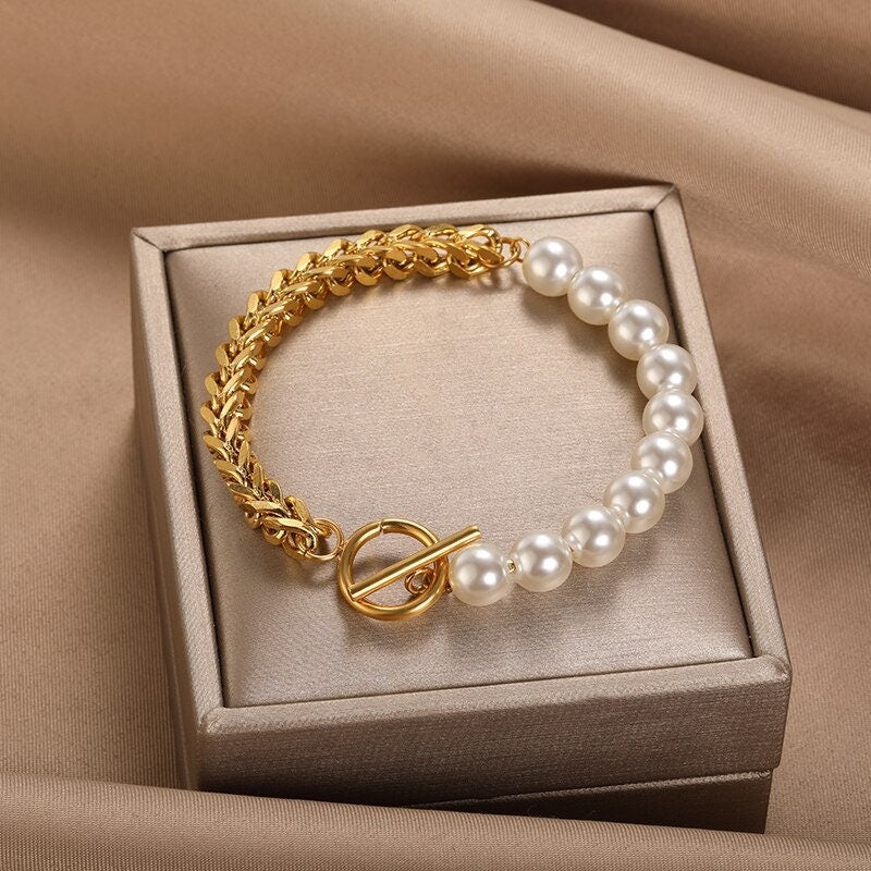 Punk Large Pearl Elegant, 18K Gold Layered Gothic Bracelet, Dainty Minimalist Jewelry, Delicate Handmade for Women, Gift for Her