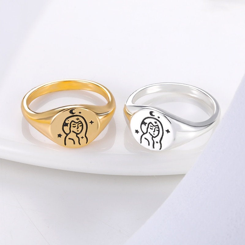 Punk Goddess Signet, 18K Gold Cute Gothic Stackable Ring, Dainty Minimalist Jewelry, Delicate Handmade for Women, Gift for Her