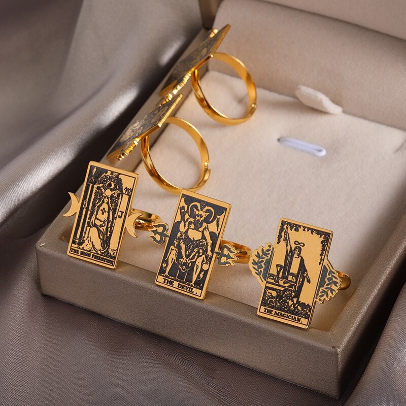 Gothic Tarot Cards Ring, 18K Gold Tarot Card Ring, Gothic Fashion Ring for Women, Gift for Her