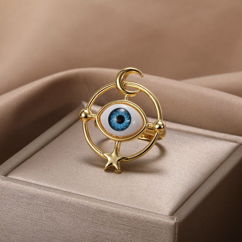 Punk Large Evil Eye Amulet, 18K Gold Gothic Stackable Ring, Dainty Minimalist Jewelry, Delicate Handmade for Women, Gift for Her