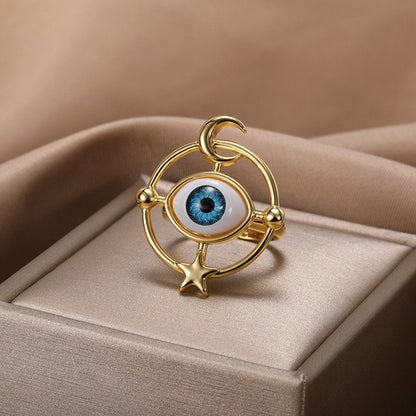 Punk Large Evil Eye Amulet, 18K Gold Gothic Stackable Ring, Dainty Minimalist Jewelry, Delicate Handmade for Women, Gift for Her