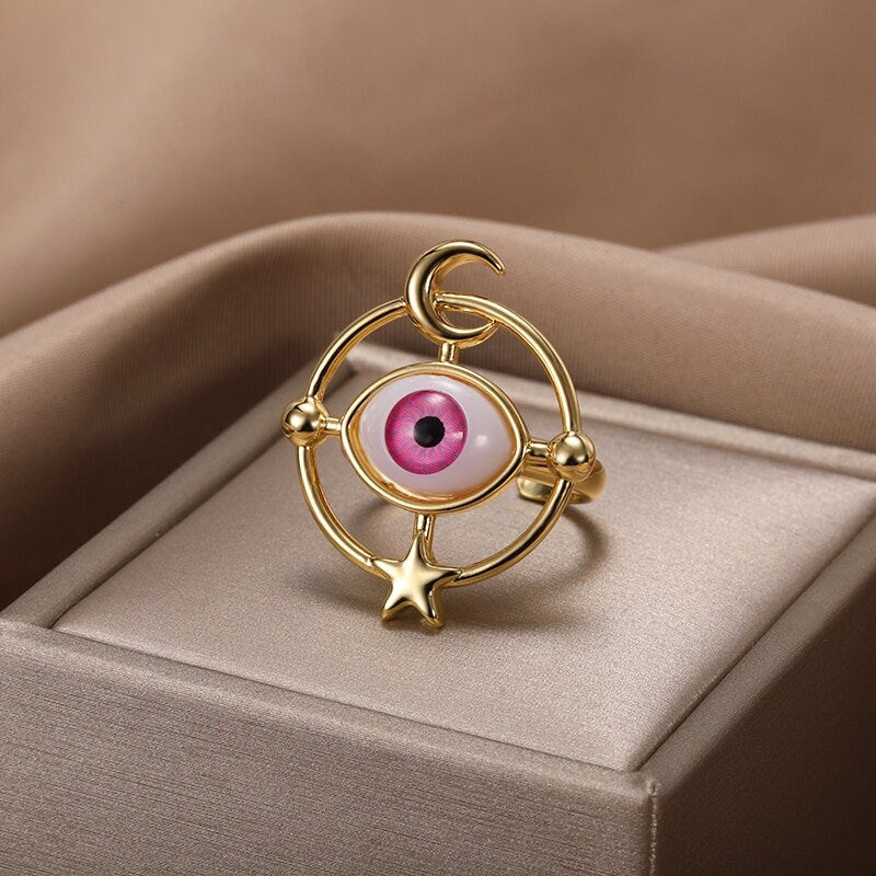 Punk Large Evil Eye Amulet, 18K Gold Gothic Stackable Ring, Dainty Minimalist Jewelry, Delicate Handmade for Women, Gift for Her