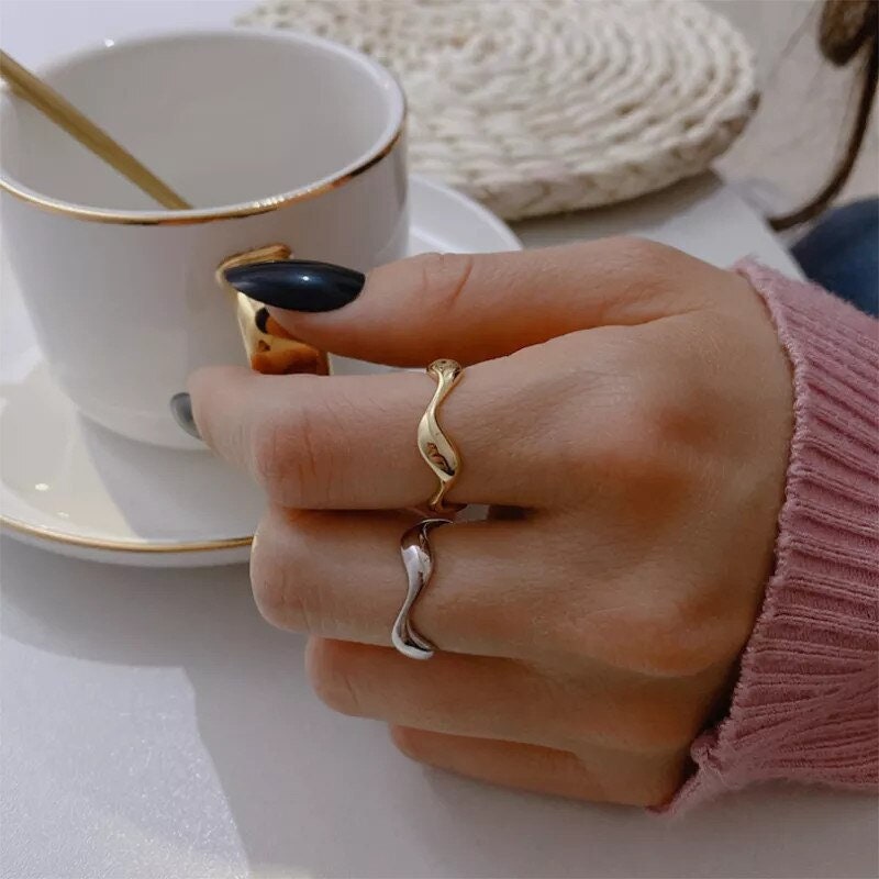 Punk Organic Waves, 18K Gold Cute Stackable Ring, Dainty Minimalist Jewelry, Delicate Handmade for Women, Gift for Her