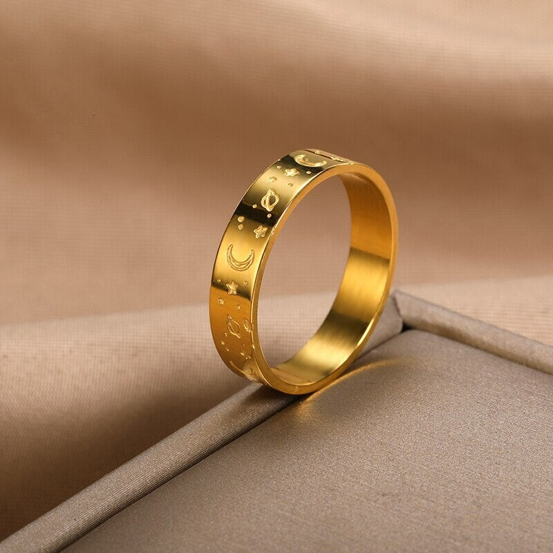 Punk Engraved Moon, 18K Gold Gothic Stackable Ring, Dainty Minimalist Jewelry, Delicate Handmade for Women, Gift for Her