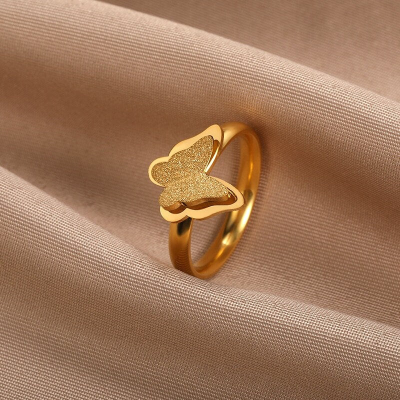 Punk Crystal Butterfly Frosted, 18K Gold Gothic Stackable Ring, Dainty Minimalist Jewelry, Delicate Handmade for Women, Gift for Her