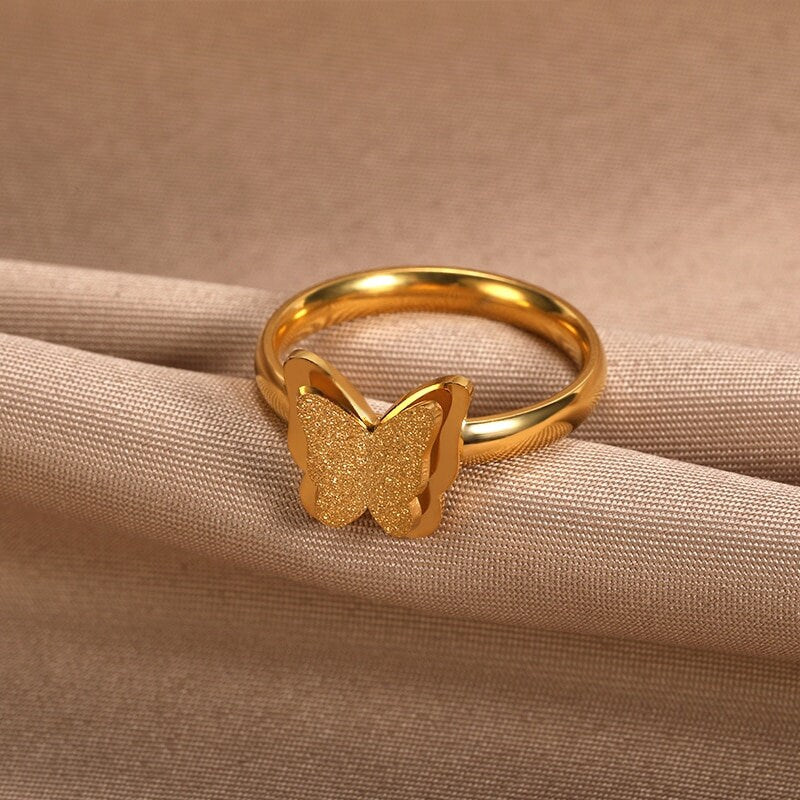 Punk Crystal Butterfly Frosted, 18K Gold Gothic Stackable Ring, Dainty Minimalist Jewelry, Delicate Handmade for Women, Gift for Her