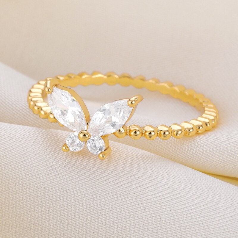 Boho Crystal Zircon Butterfly, 18K Gold Yogi Stackable Ring, Dainty Minimalist Jewelry, Delicate Handmade for Women, Gift for Her