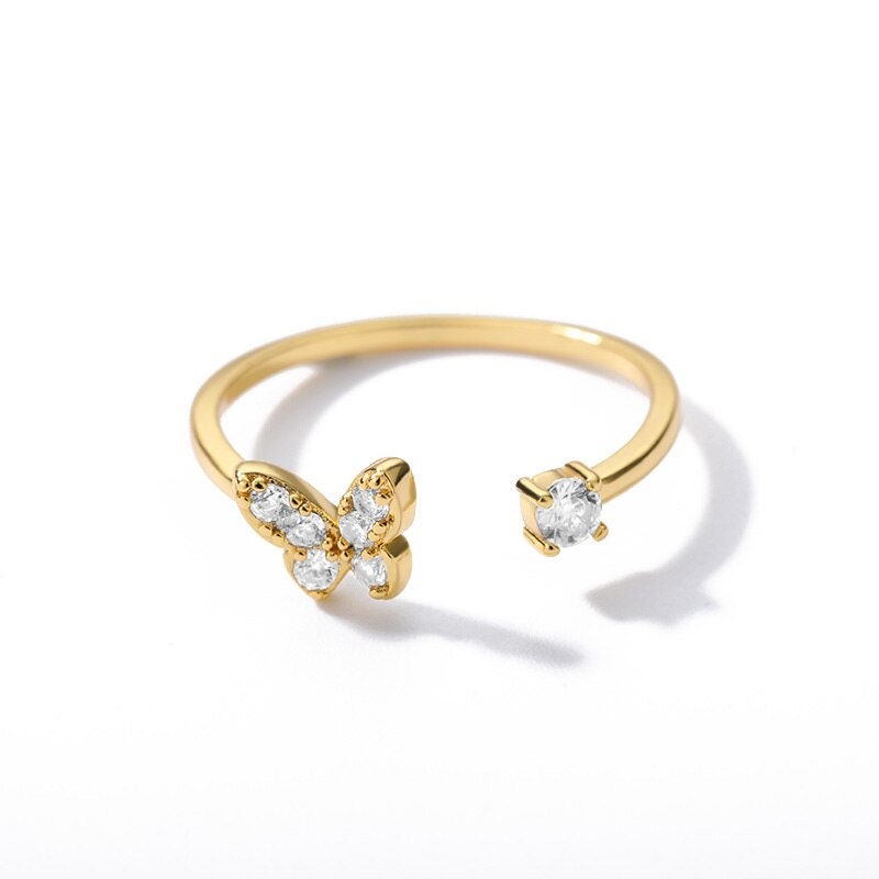 Boho Open Crystal Butterfly, 18K Gold Yogi Stackable Ring, Dainty Minimalist Jewelry, Delicate Handmade for Women, Gift for Her