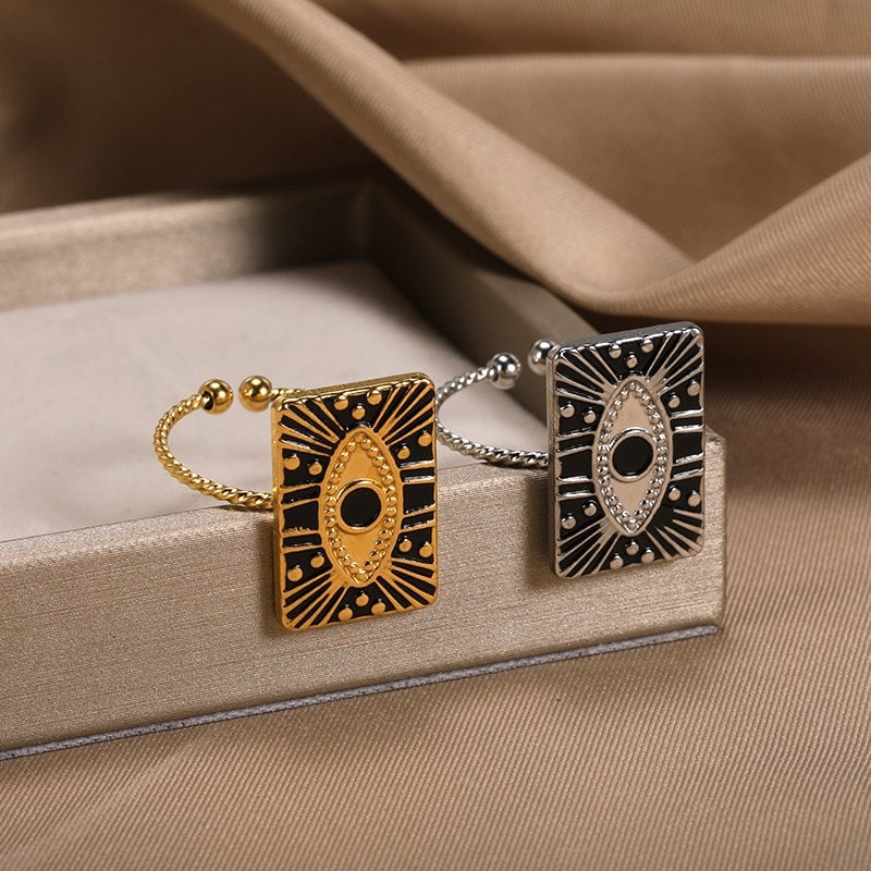 Punk Evil Eye Card, 18K Gold Gothic Stackable Ring, Dainty Minimalist Jewelry, Delicate Handmade for Women, Gift for Her