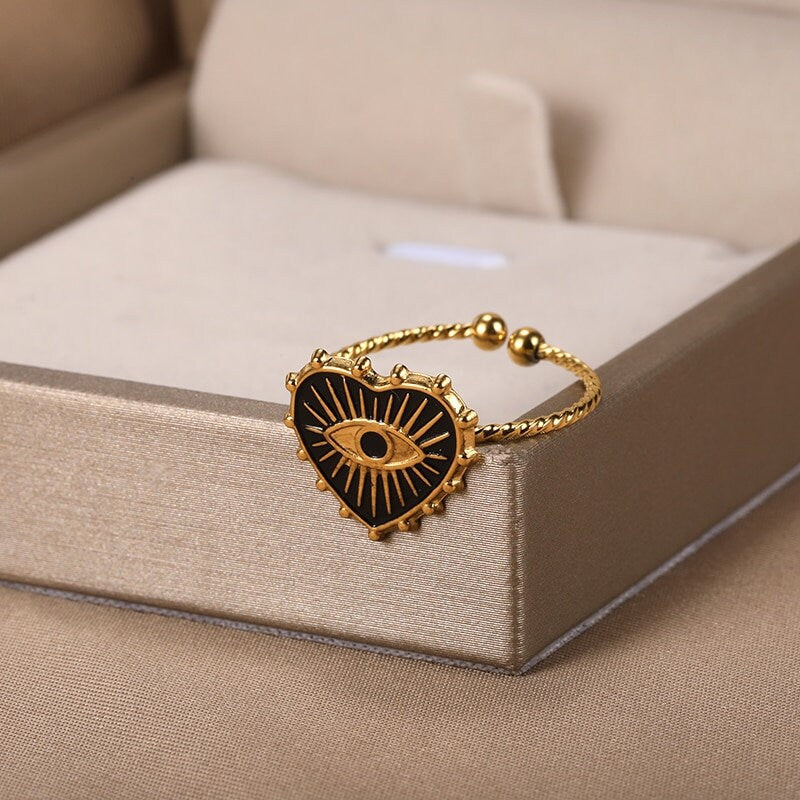 Punk Evil Eye Heart Amulet, 18K Gold Gothic Stackable Ring, Dainty Minimalist Jewelry, Delicate Handmade for Women, Gift for Her