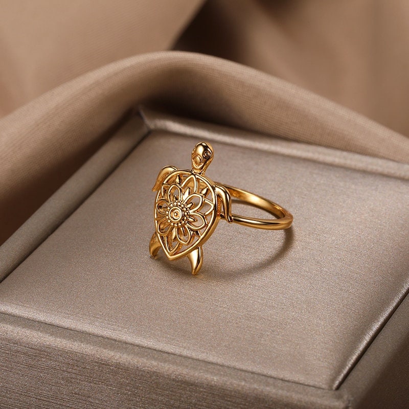 Boho Henna Turtle, 18K Gold Yogi Stackable Ring, Dainty Minimalist Jewelry, Delicate Handmade for Women, Gift for Her