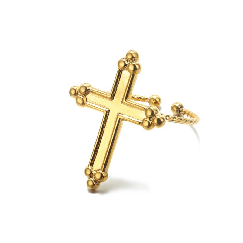 Catholic Cross Jesus, 18K Gold Gothic Stackable Ring, Dainty Minimalist Jewelry, Delicate Handmade for Women, Gift for Her