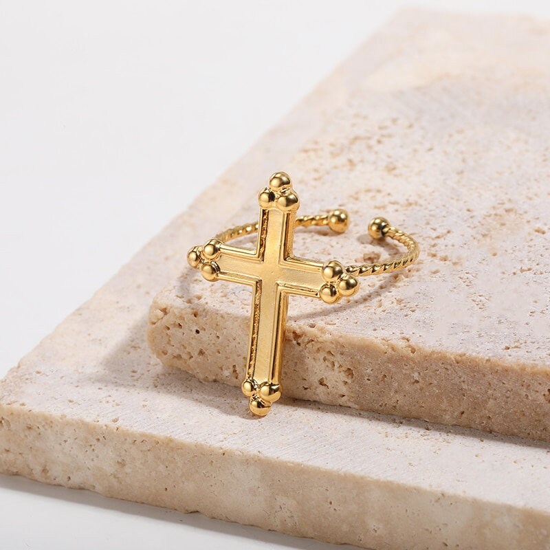 Catholic Cross Jesus, 18K Gold Gothic Stackable Ring, Dainty Minimalist Jewelry, Delicate Handmade for Women, Gift for Her