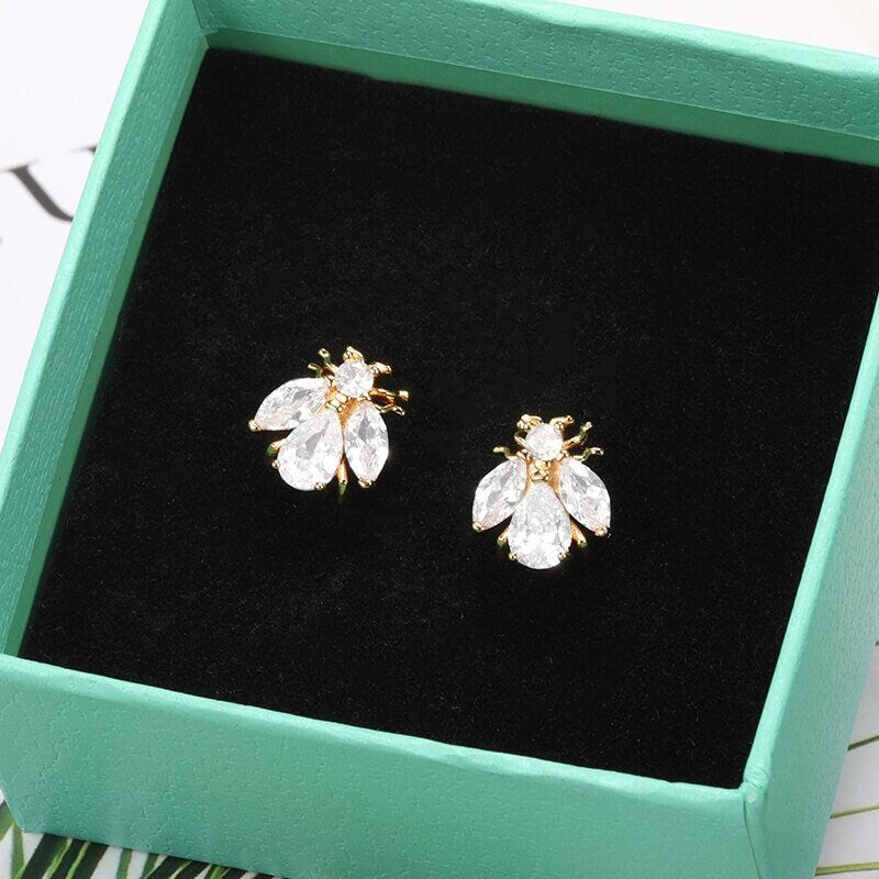 Boho Crystal Beetle Studs, 18K Gold Everyday Earrings, Cicada Dainty Minimalist Jewelry, Delicate Handmade  for Women, Gift for Her