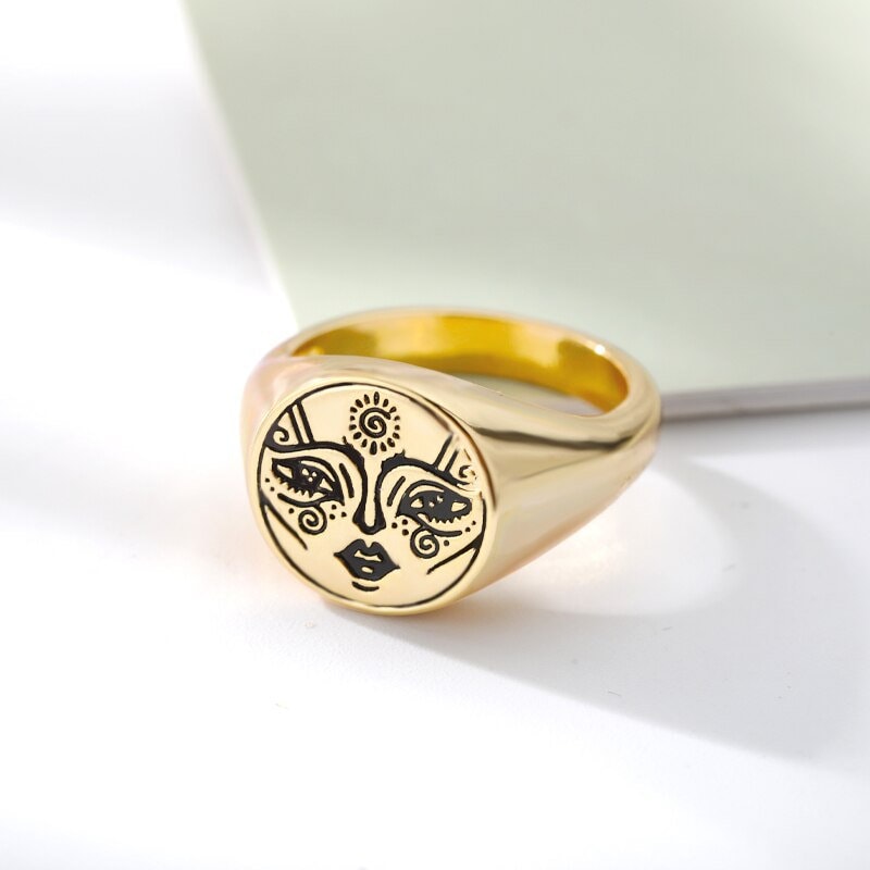 Gothic Face Ring, 18K Gold Face Ring, Gold Signet Ring, Signet Face Ring, Gothic Fashion Ring for Women, Gift for Her