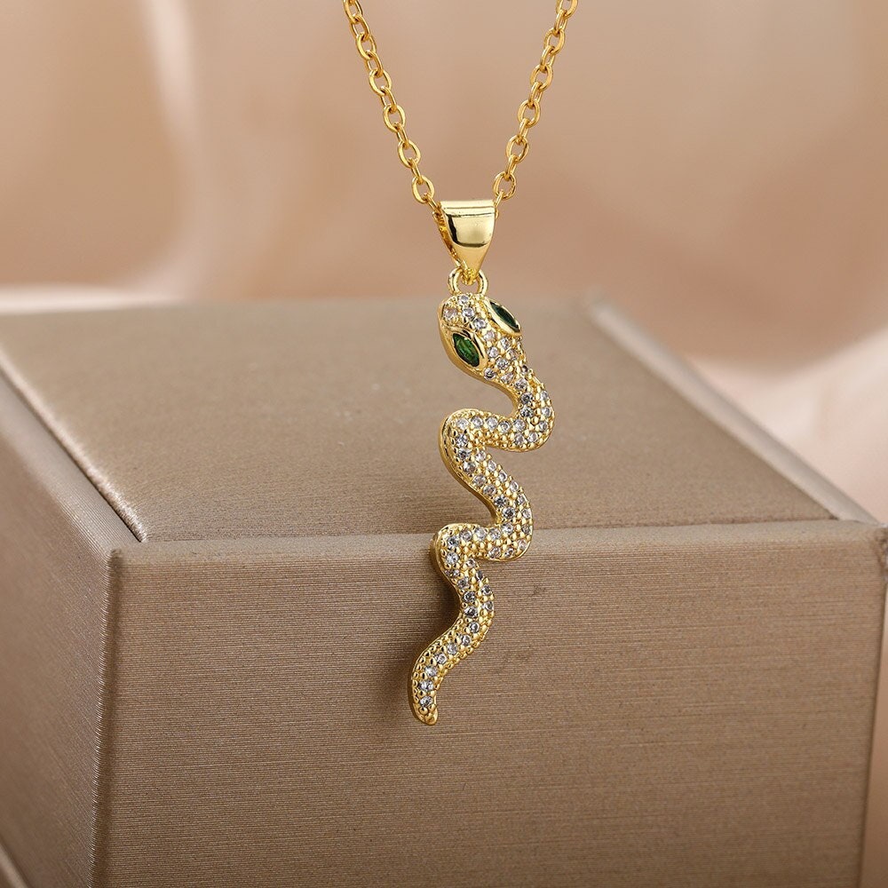 18K Gold Snake Necklace, Crystal Snake Pendant, Snake Fashion Necklace for Women, Gift for Her