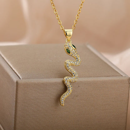 18K Gold Snake Necklace, Crystal Snake Pendant, Snake Fashion Necklace for Women, Gift for Her