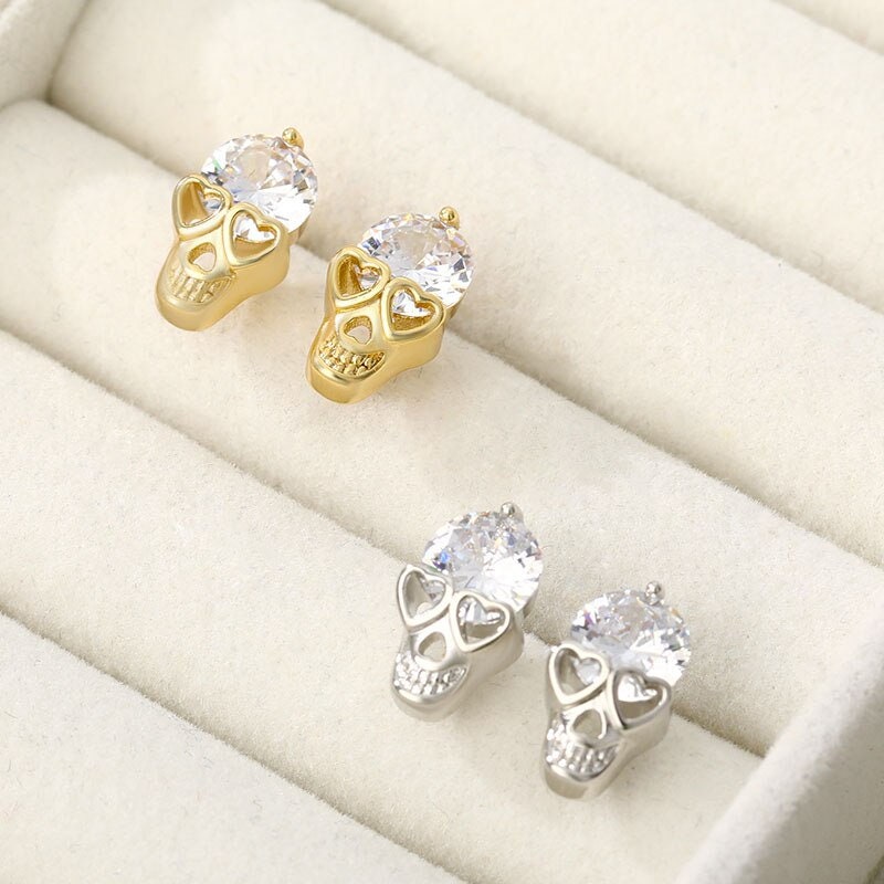 Punk Skull Earrings, Crystal Skull Stud Earrings, 18K Gold Skull Earrings for Women, Gift for Her