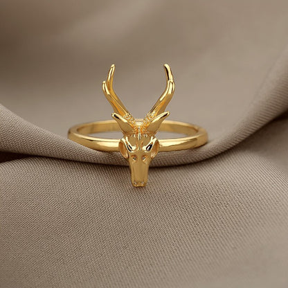 18K Gold Gothic Deer Antelope Skull Ring, Punk Skull Ring, Deer Skull Ring