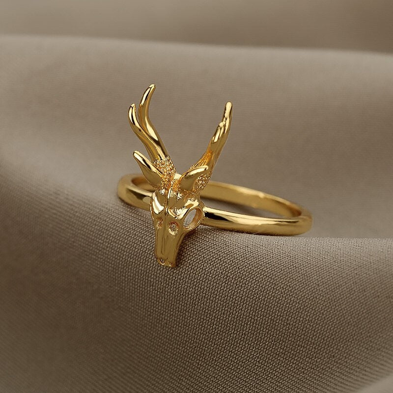 18K Gold Gothic Deer Antelope Skull Ring, Punk Skull Ring, Deer Skull Ring