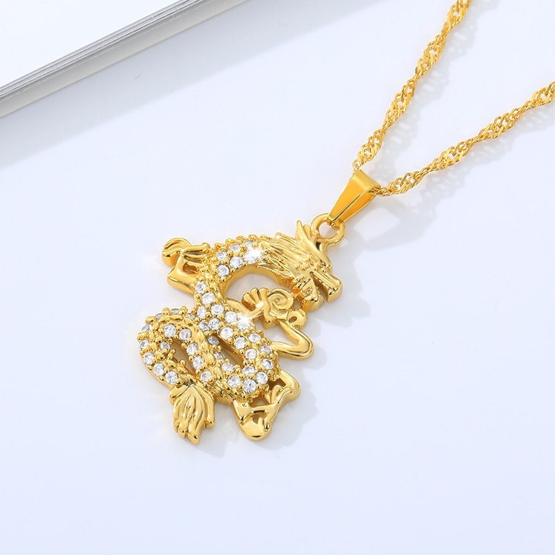 Punk Dragon Crystal Zircon Pendant, 18K Gold Layered Necklace, Gothic Dainty Minimalist Jewelry, Delicate Handmade for Women, Gift for Her