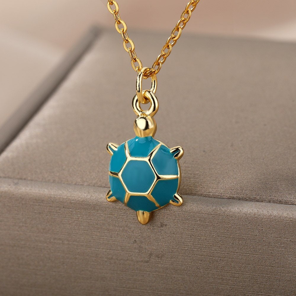 Boho Cute Enamel Turtle Pendant, 18K Gold Layered Yogi Necklace, Dainty Minimalist Jewelry, Delicate Handmade for Women, Gift for Her