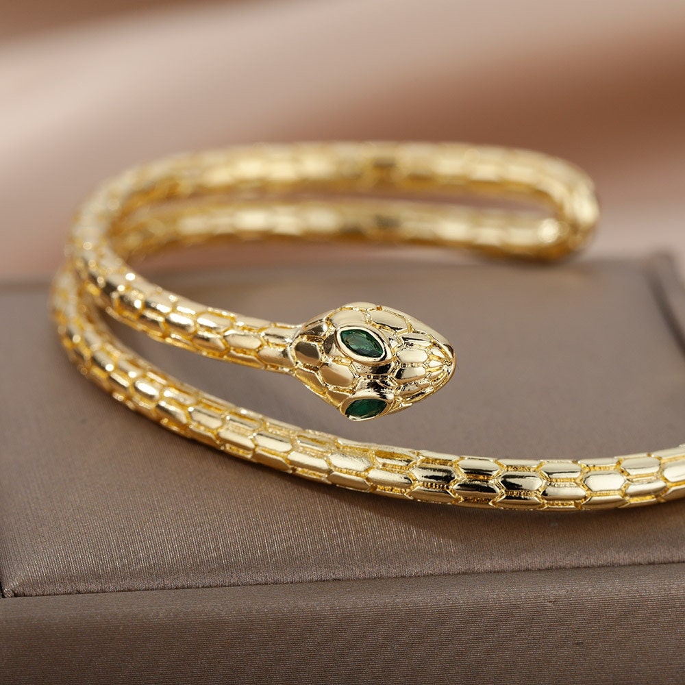 18K Gold Snake Bracelet, Gold Snake Bangle, Gothic Snake Bracelet