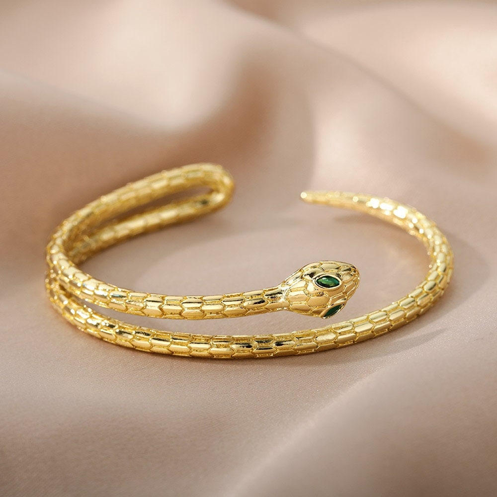 18K Gold Snake Bracelet, Gold Snake Bangle, Gothic Snake Bracelet